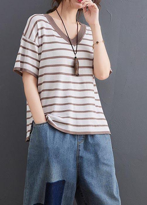 Women Khaki Striped side open Cotton Linen Summer Tops - SooLinen