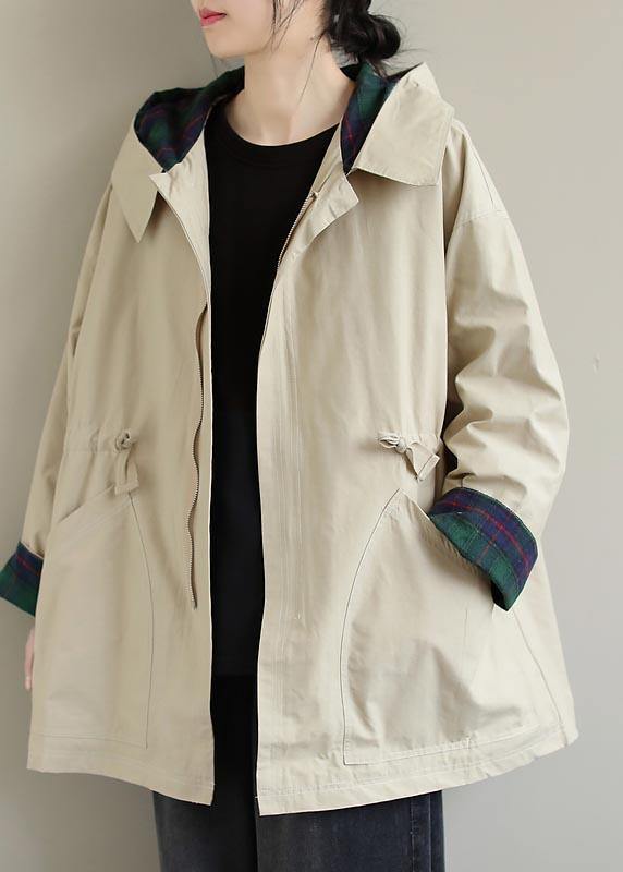 Women Khaki Long Coats Hoodie Zip Up Spring Coat - SooLinen