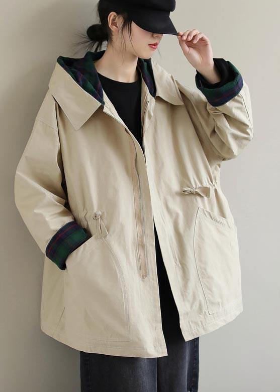 Women Khaki Long Coats Hoodie Zip Up Spring Coat - SooLinen