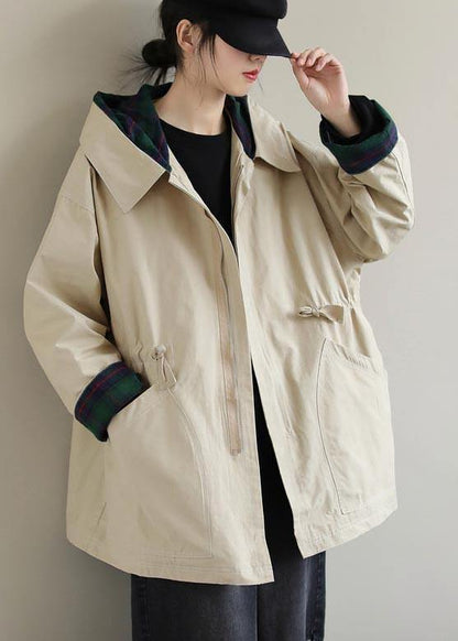 Women Khaki Long Coats Hoodie Zip Up Spring Coat - SooLinen