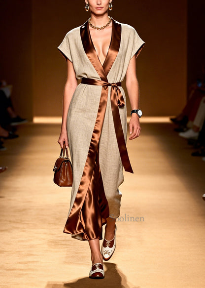 Women Khaki Tunic Patchwork Linen Silk Long Dress Summer
