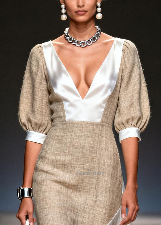 Women Khaki V Neck Asymmetrical Patchwork Linen Silk Dresses Summer