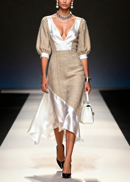 Women Khaki V Neck Asymmetrical Patchwork Linen Silk Dresses Summer