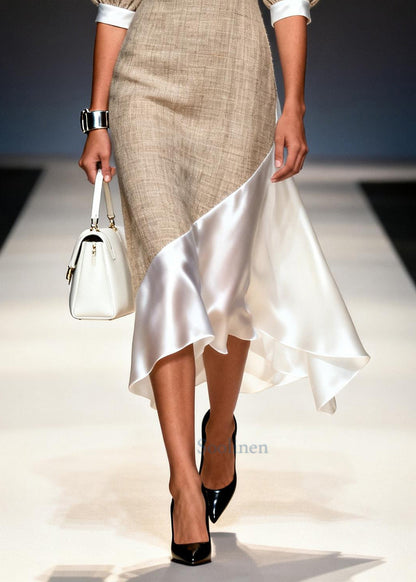 Women Khaki V Neck Asymmetrical Patchwork Linen Silk Dresses Summer