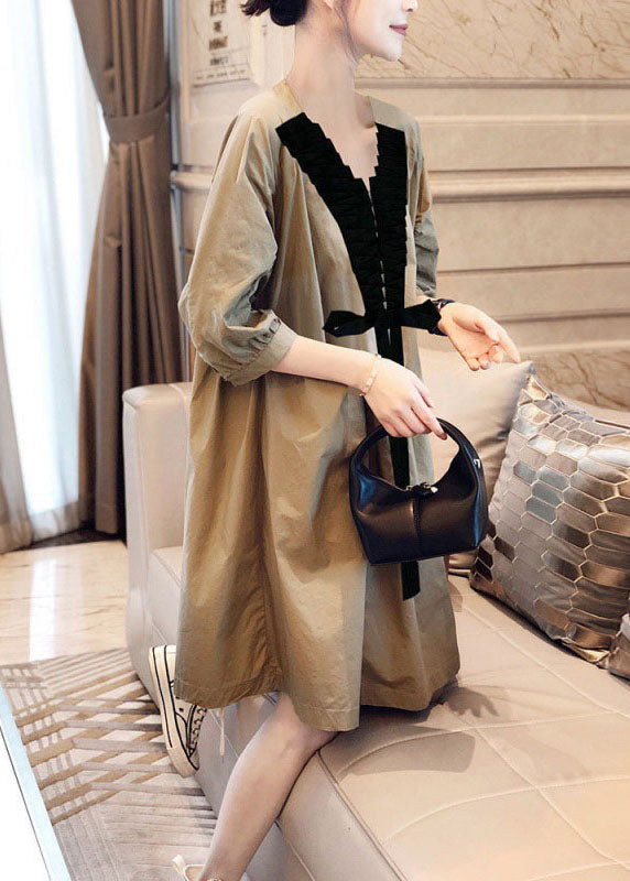 Damen Khaki V-Ausschnitt Schleife Casual Herbst Halbarm Shirts Kleid