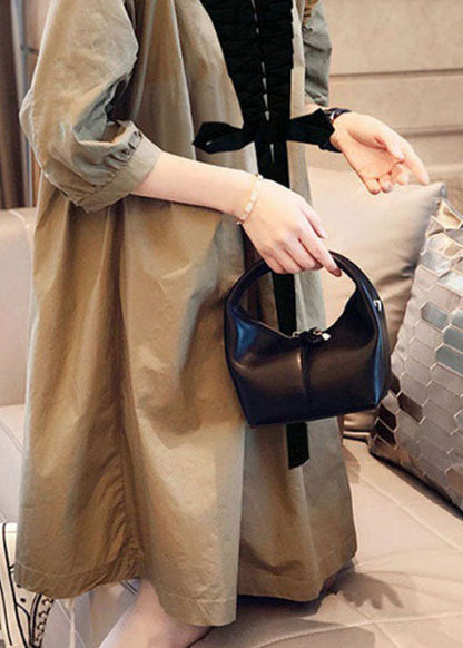 Damen Khaki V-Ausschnitt Schleife Casual Herbst Halbarm Shirts Kleid