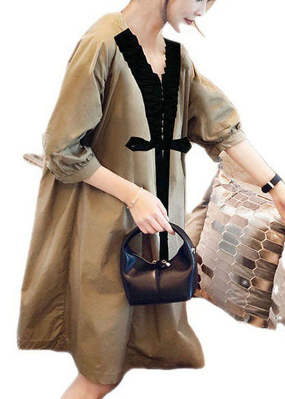 Damen Khaki V-Ausschnitt Schleife Casual Herbst Halbarm Shirts Kleid
