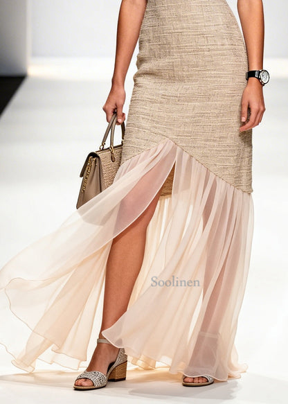 Women Khaki V Neck Patchwork Tulle Linen Long Dress Summer