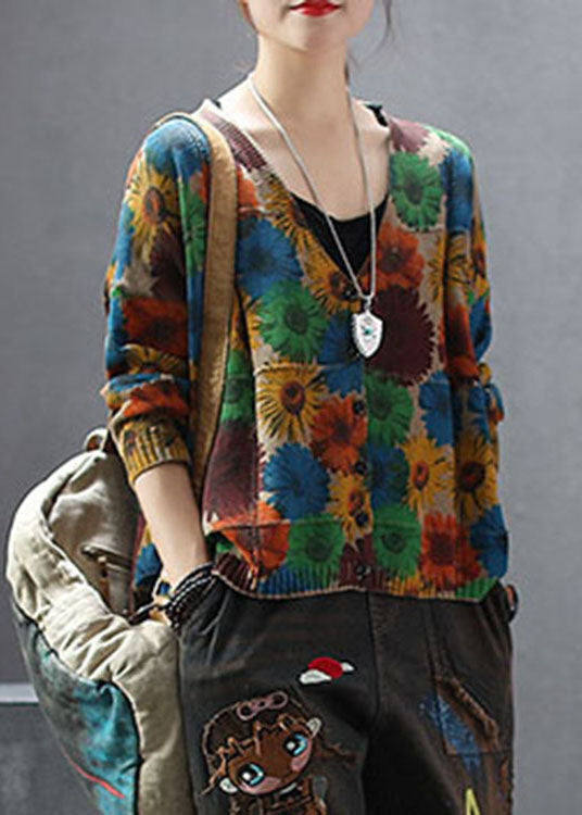 Frauen Khaki V Neck Print Strick cardigan Frühling