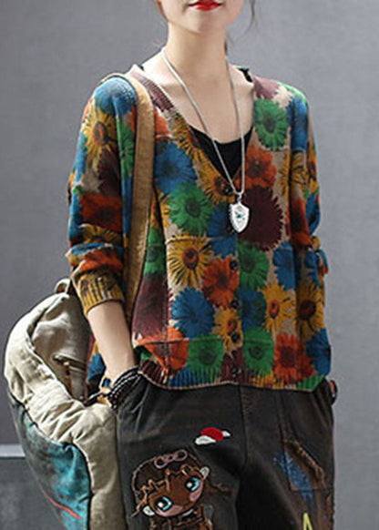Frauen Khaki V Neck Print Strick cardigan Frühling