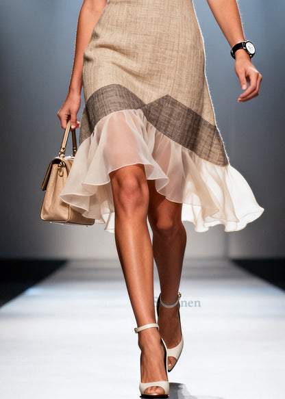 Women Khaki V Neck Tulle Patchwork Linen Sundress Summer