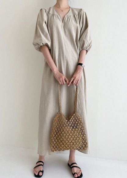 Damen Khaki V-Ausschnitt Retro Baumwollkleid Halbarm