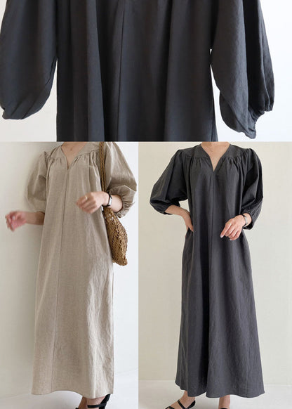 Damen Khaki V-Ausschnitt Retro Baumwollkleid Halbarm