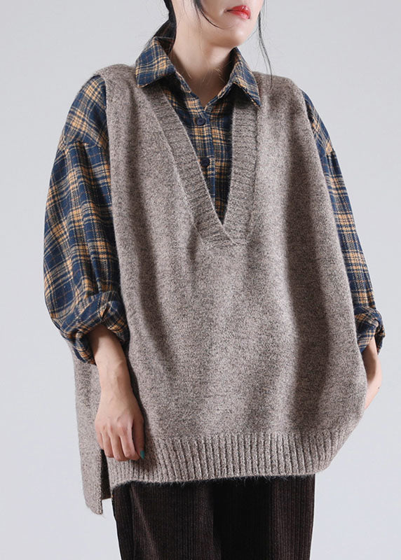 Damen Khaki V-Ausschnitt seitlich offen Ärmellose Strickweste