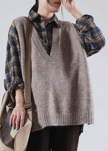 Damen Khaki V-Ausschnitt seitlich offen Ärmellose Strickweste
