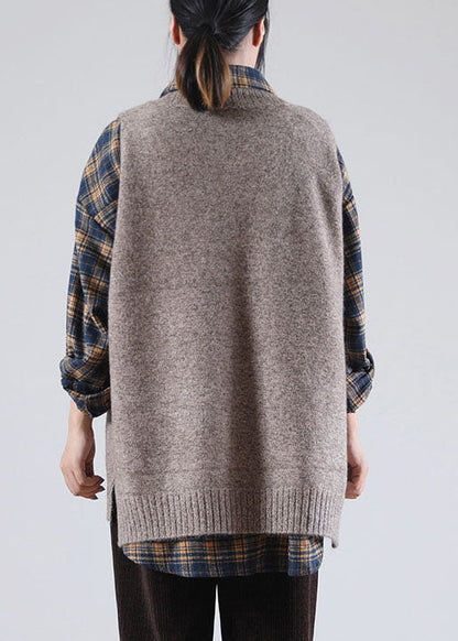 Damen Khaki V-Ausschnitt seitlich offen Ärmellose Strickweste