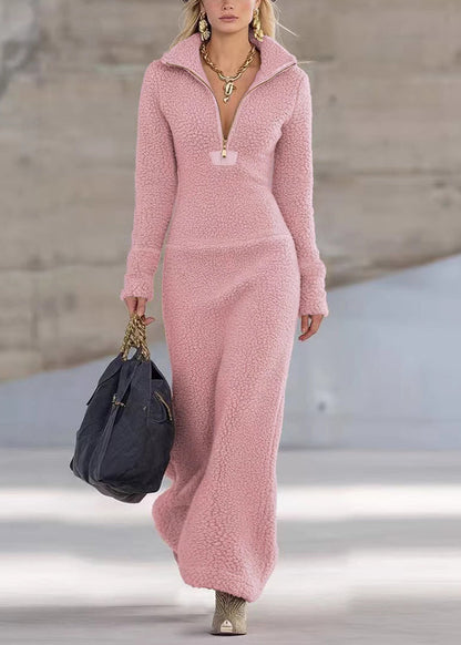 Women Khaki Zip Up Patchwork Faux Fur Long Dresses Winter