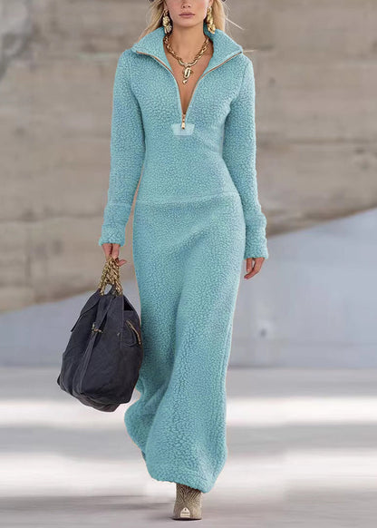 Women Khaki Zip Up Patchwork Faux Fur Long Dresses Winter