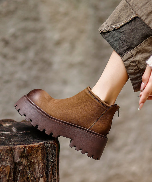 Women Khaki Zippered Splicing Platform Cowhide Leather Ankle Boots
