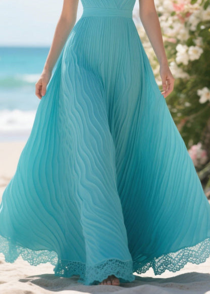 Women Lake Blue Wrinkled Patchwork Lace Party Dress Summer