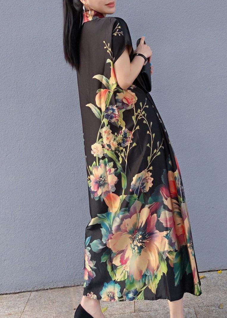 Women Lapel Drawstring Spring Tunic Sleeve Black Print Robe Dresses - SooLinen