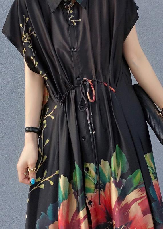 Women Lapel Drawstring Spring Tunic Sleeve Black Print Robe Dresses - SooLinen
