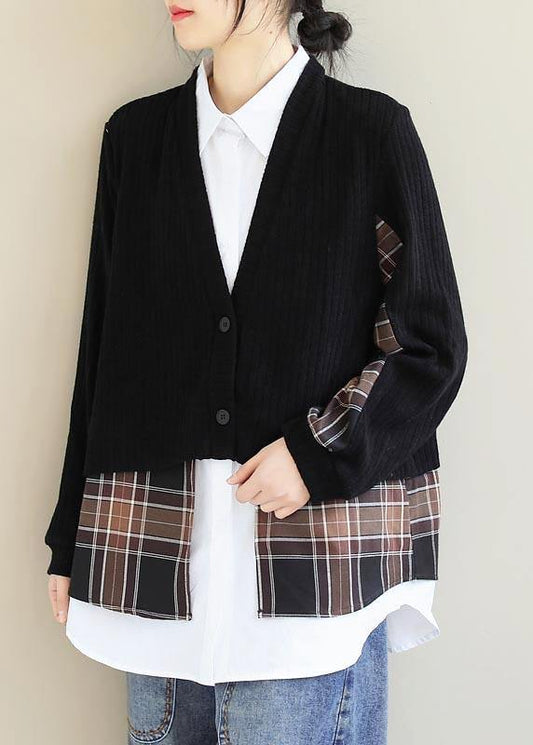 Women Lapel False Two Pieces Clothes Work Outfits Black Patchwork Top - SooLinen