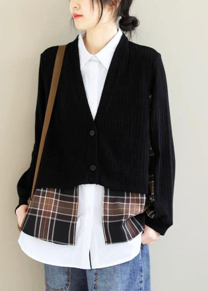 Women Lapel False Two Pieces Clothes Work Outfits Black Patchwork Top - SooLinen