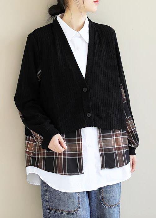 Women Lapel False Two Pieces Clothes Work Outfits Black Patchwork Top - SooLinen