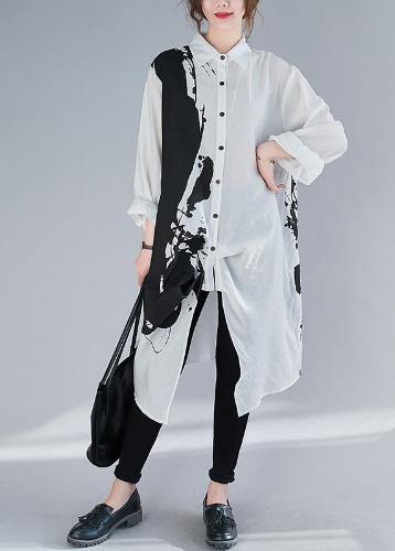 Women Lapel Patchwork Spring Clothes Design White Print Long Dress - SooLinen