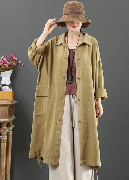 Women Lapel Pockets Fashion Spring Coat Khaki Plus Size Clothing Outwear - SooLinen