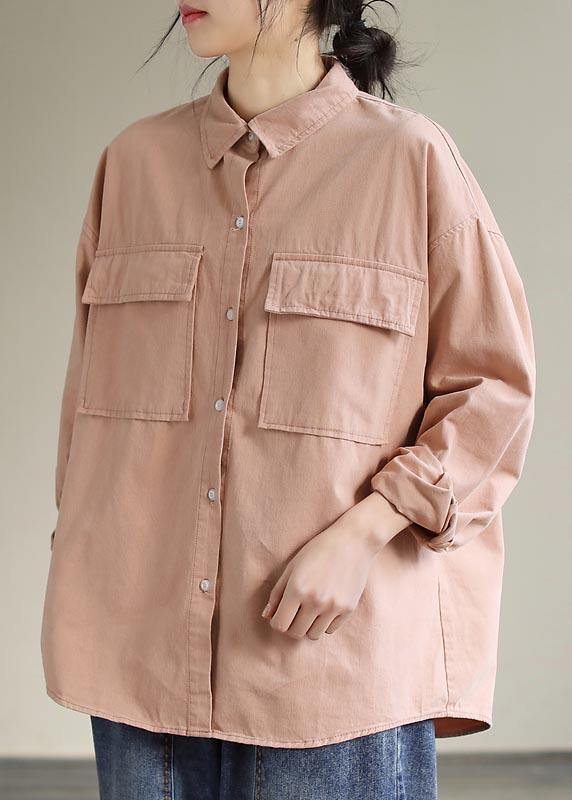 Women Lapel Pockets Spring Top Silhouette Wardrobes Pink Shirts - SooLinen