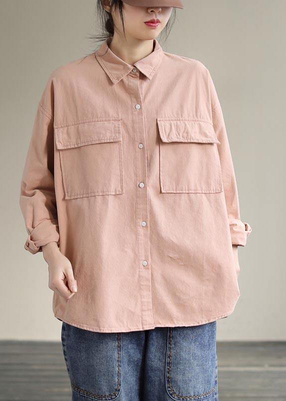 Women Lapel Pockets Spring Top Silhouette Wardrobes Pink Shirts - SooLinen