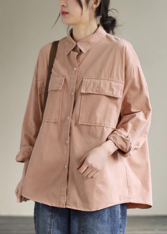 Women Lapel Pockets Spring Top Silhouette Wardrobes Pink Shirts - SooLinen
