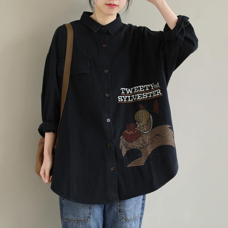 Women Lapel Spring Crane Tops Fashion Ideas Black Letter Top - SooLinen