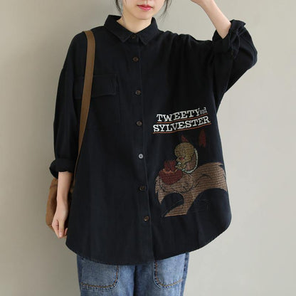 Women Lapel Spring Crane Tops Fashion Ideas Black Letter Top - SooLinen