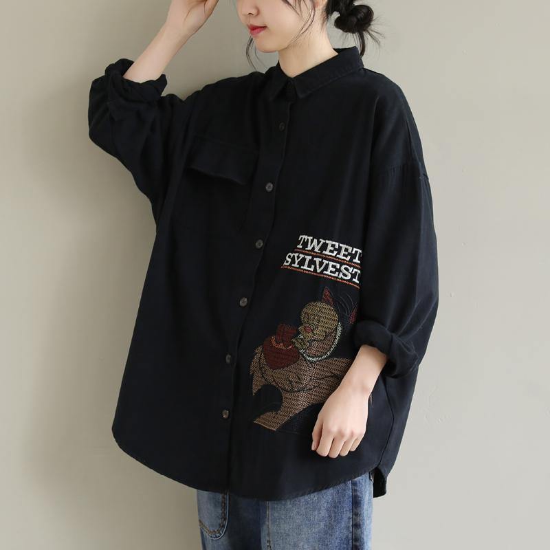 Women Lapel Spring Crane Tops Fashion Ideas Black Letter Top - SooLinen