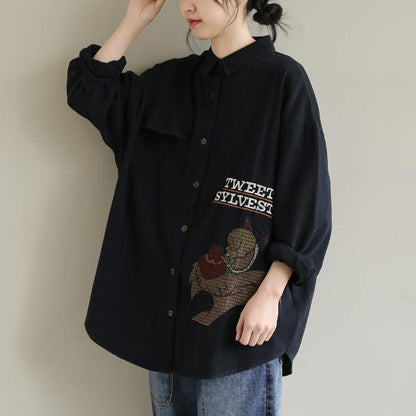 Women Lapel Spring Crane Tops Fashion Ideas Black Letter Top - SooLinen