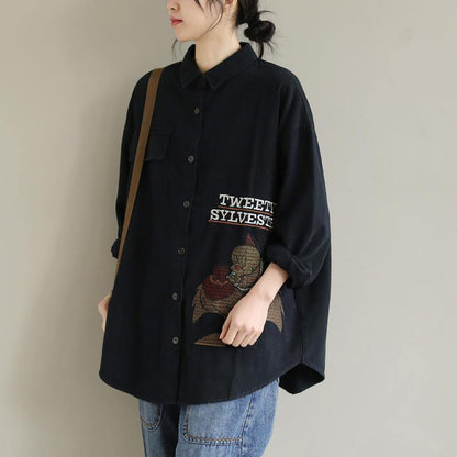 Women Lapel Spring Crane Tops Fashion Ideas Black Letter Top - SooLinen