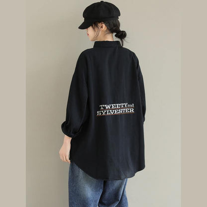 Women Lapel Spring Crane Tops Fashion Ideas Black Letter Top - SooLinen