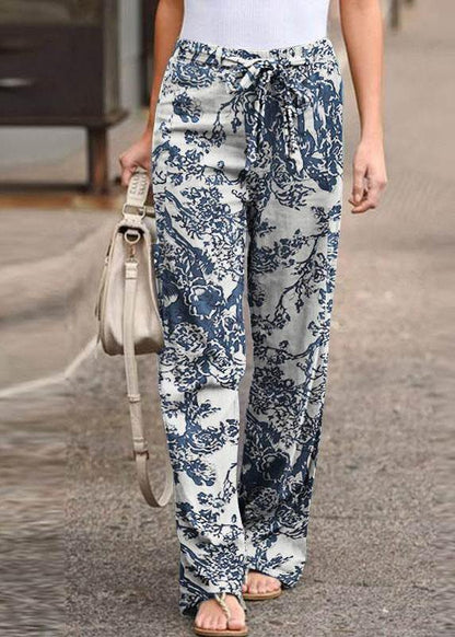 Women Leisure Cotton Contrast Color Elastic Waist Straight Pants with Side Pockets - SooLinen