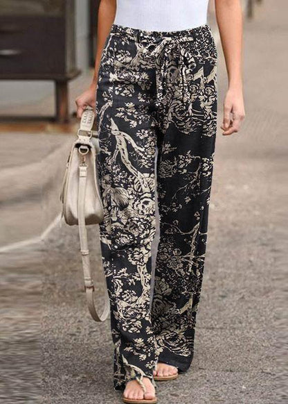 Women Leisure Cotton Contrast Color Elastic Waist Straight Pants with Side Pockets - SooLinen