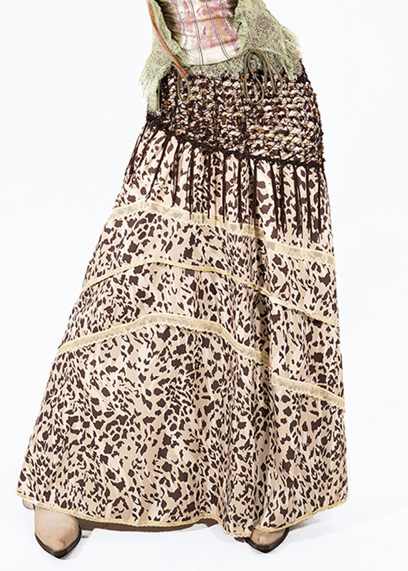 Women Leopard High Waist Lace Patchwork Maxi Skirt Summer