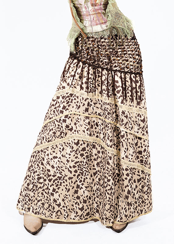 Women Leopard High Waist Lace Patchwork Maxi Skirt Summer