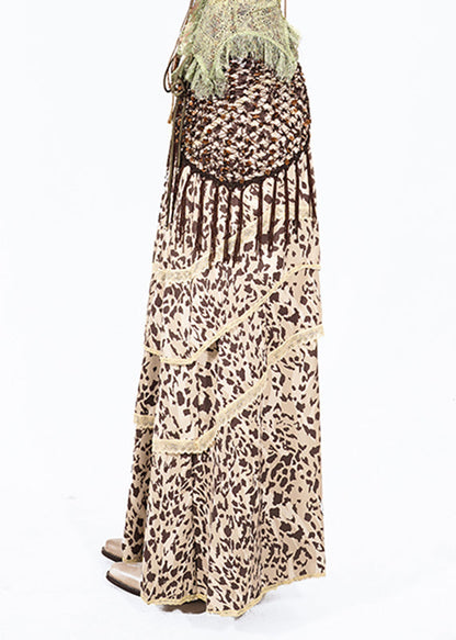 Women Leopard High Waist Lace Patchwork Maxi Skirt Summer
