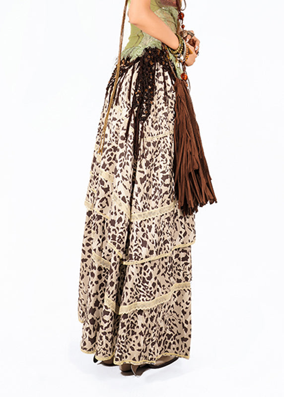 Women Leopard High Waist Lace Patchwork Maxi Skirt Summer