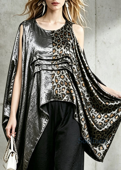 Women Leopard PatchworkO-Neck Asymmetrical  Blouse Top Fall