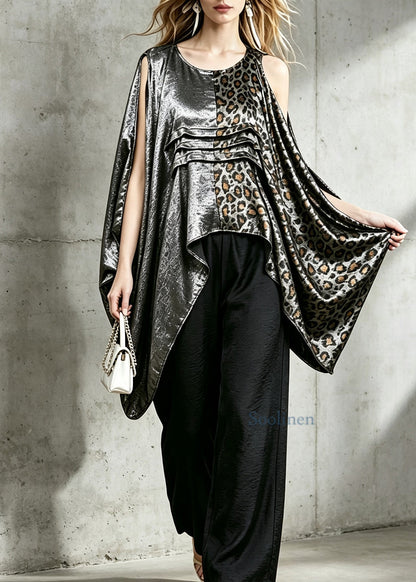Women Leopard PatchworkO-Neck Asymmetrical  Blouse Top Fall