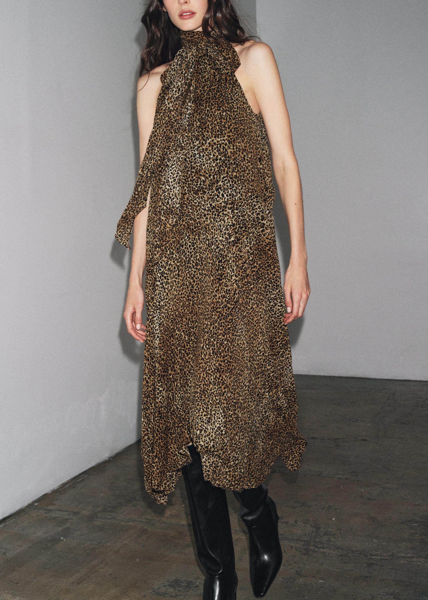Women Leopard Print Patchwork Chiffon Dress Sleeveless