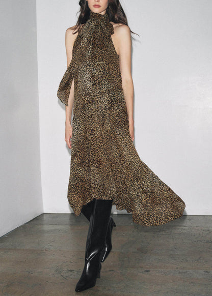 Women Leopard Print Patchwork Chiffon Dress Sleeveless